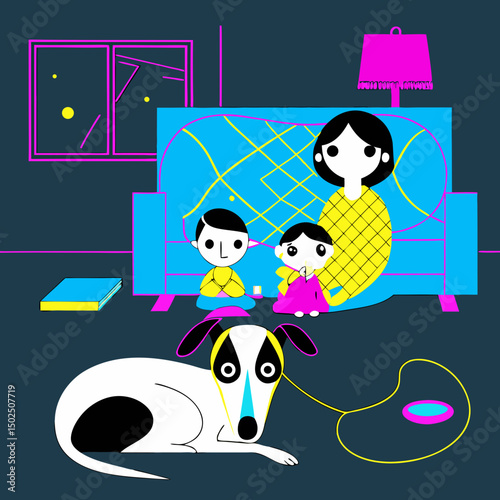 Whippet curled beside mother and child watching TV, cozy family moment with pet dog indoors.