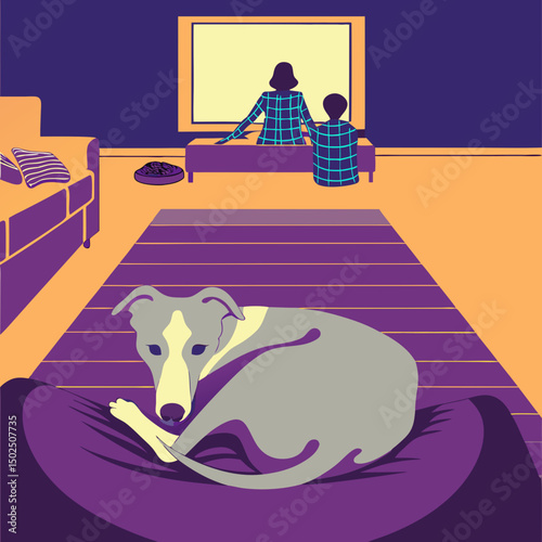 Whippet curled beside mother and child watching TV, cozy family moment with pet dog indoors.