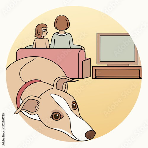 Whippet curled beside mother and child watching TV, cozy family moment with pet dog indoors.