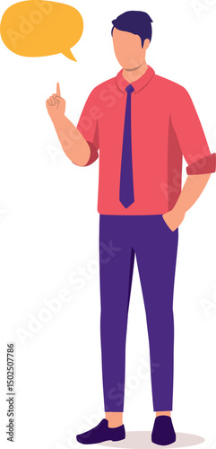 One Young Man Employee In Businesswear Standing And Talking With One Finger Pointing Up.
