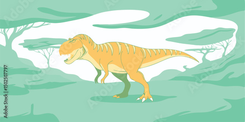 Cartoon tyrannosaurus rex standing in a paleolithic environment with stylized trees