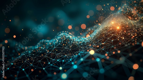 An abstract digital network visualizes data flow with interconnected glowing nodes and lines against a dark background. Vibrant orange and teal bokeh lights add a futuristic, technological feel. Perfe