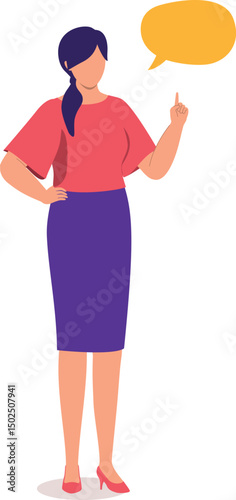 One Young Woman Employee In Businesswear Standing And Talking With One Finger Pointing Up.