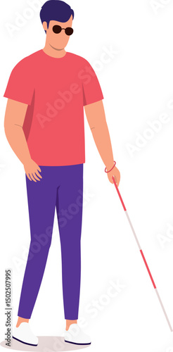One Visually Impaired Young Man With Sun Glasses Walking With White Cane.
