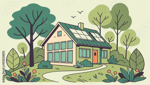 Eco-Friendly Home with Solar Panels Embraced by Nature's Serene Beauty