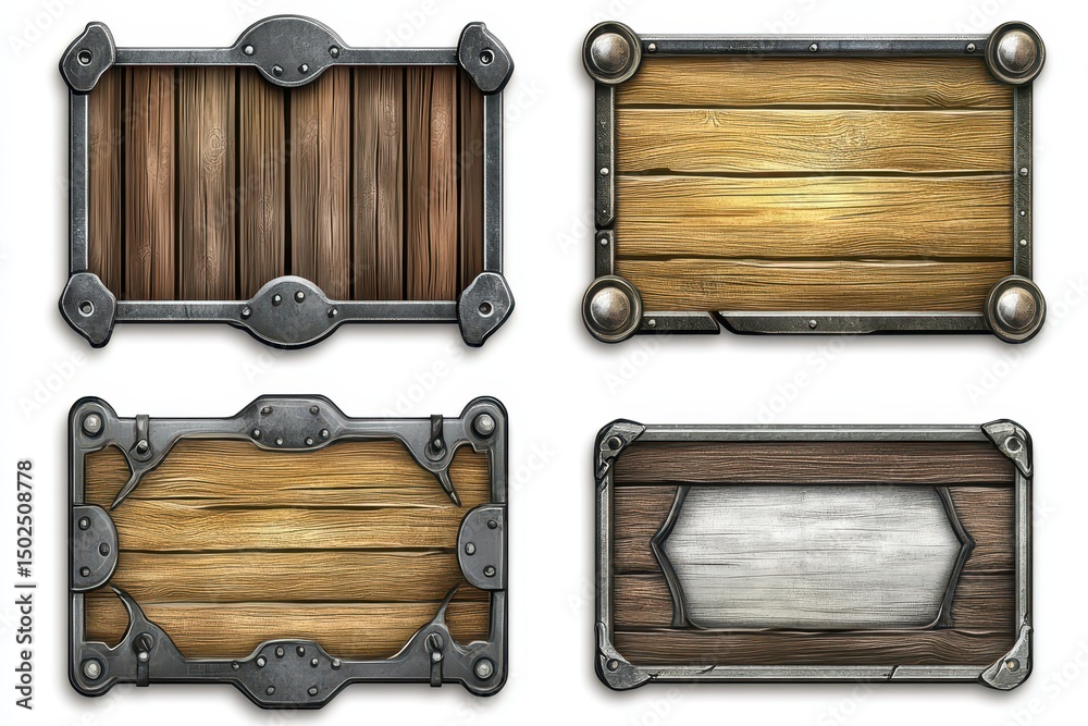 Naklejka premium Vibrant Fantasy Frames: Realistic Wooden Panels with Metallic Accents for Creative Designs