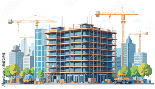 Modern Urban Construction Site with Cranes and Scaffolding in Cityscape Background Featuring New Building Development