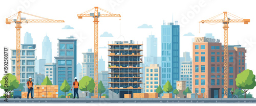 Urban Construction Site with Cranes and Workers in a Modern Cityscape Background
