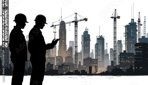 Silhouetted Construction Workers Overseeing Urban Development with Tower Cranes and City Skyline in the Background