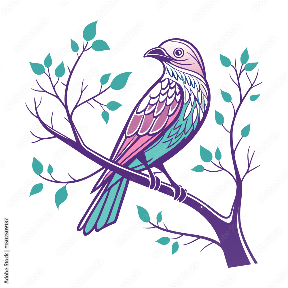 Naklejka premium Colorful Artistic Bird on a Branch – Vector Illustration.
