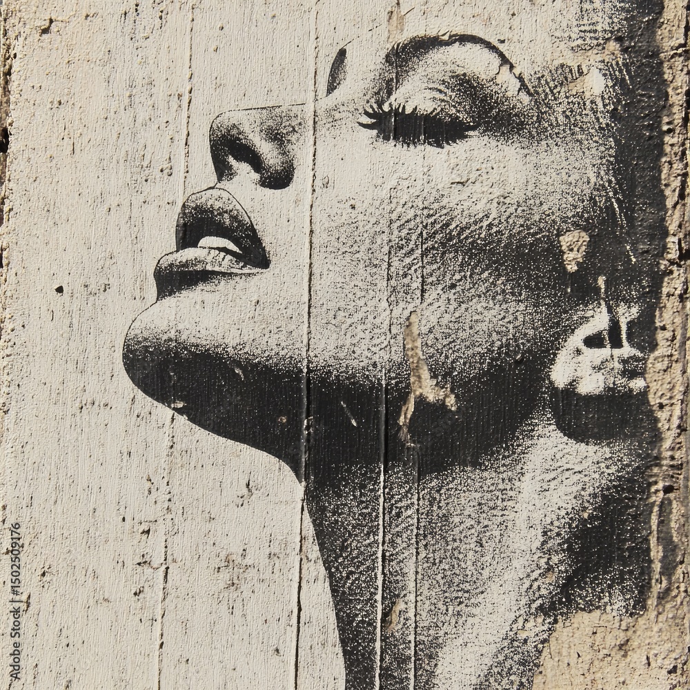 Fototapeta premium A black and white portrait of a woman's face, with her head tilted back and her eyes closed