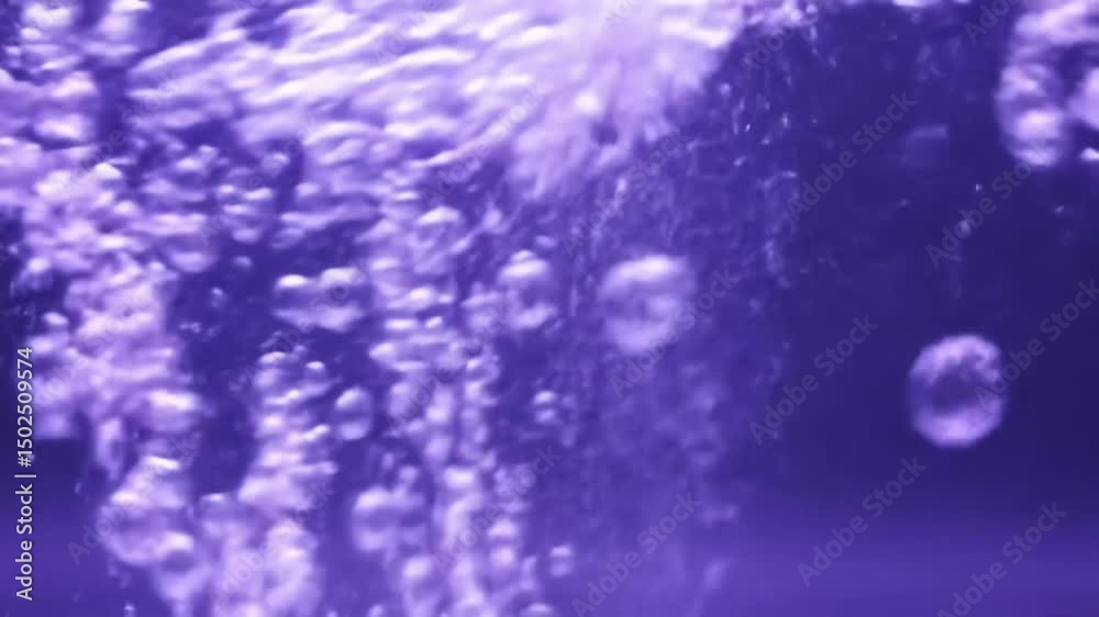 Abstract purple bubbles rising in liquid, close-up shot