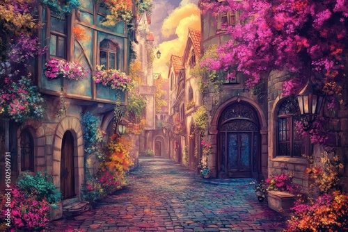 Illustration of a Vibrant Medieval City Street, Rich with Color and Fantasy, Evoking Fable-like Heroic Adventures