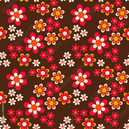 Seamless vector pattern in retro hippie style with colorful flowers on brown background