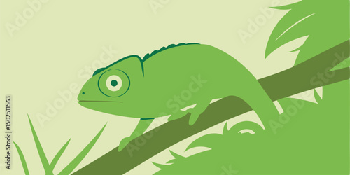 Colorful green chameleon sitting on a branch with transparent background