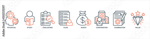 Due Diligence banner web icon sheet vector illustration concept with icon of potential, study, evaluating, files, invest, corporation, examination, value