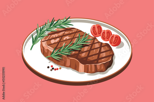 Grilled Beef Steak Illustration Design Vector, beef meats , Pepper and spices, garlic, onion and tomatoes vector illustration set. Steak and herb ingredient, food for barbecue, tomato and meat
