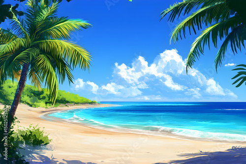 259. Beautiful tropical beach with palm trees, clear turquoise water, blue sky, high-resolution photo-realistic style