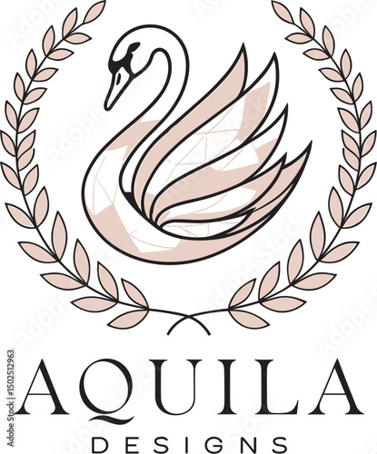Elegant aquila designs logo featuring a graceful swan emblem surrounded by a laurel wreath for a sophisticated brand identity.