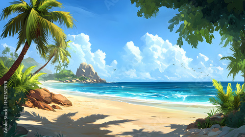 264. Beautiful tropical beach with palm trees, clear turquoise water, blue sky, high-resolution photo-realistic style
