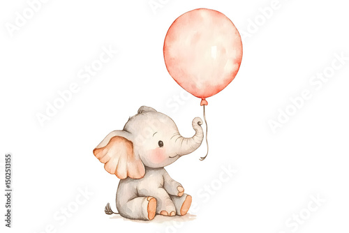 271. Cute watercolor baby elephant holding balloon, white background, nursery wall art