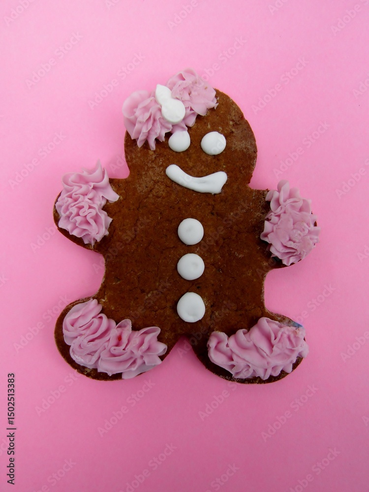 Homemade gingerbread woman on pink background. Homemade gingerbread woman on pink background.
