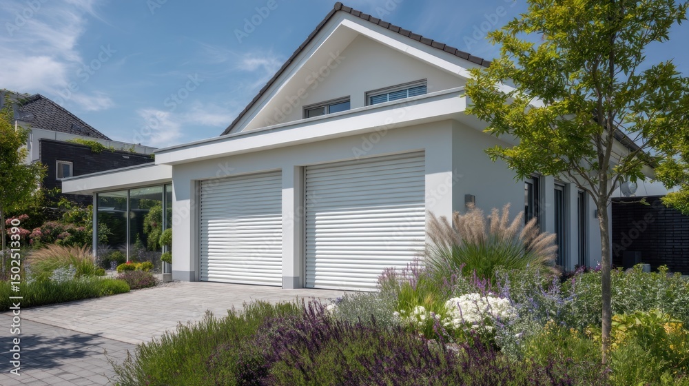Fototapeta premium Modern home with white garage doors and landscaped yard