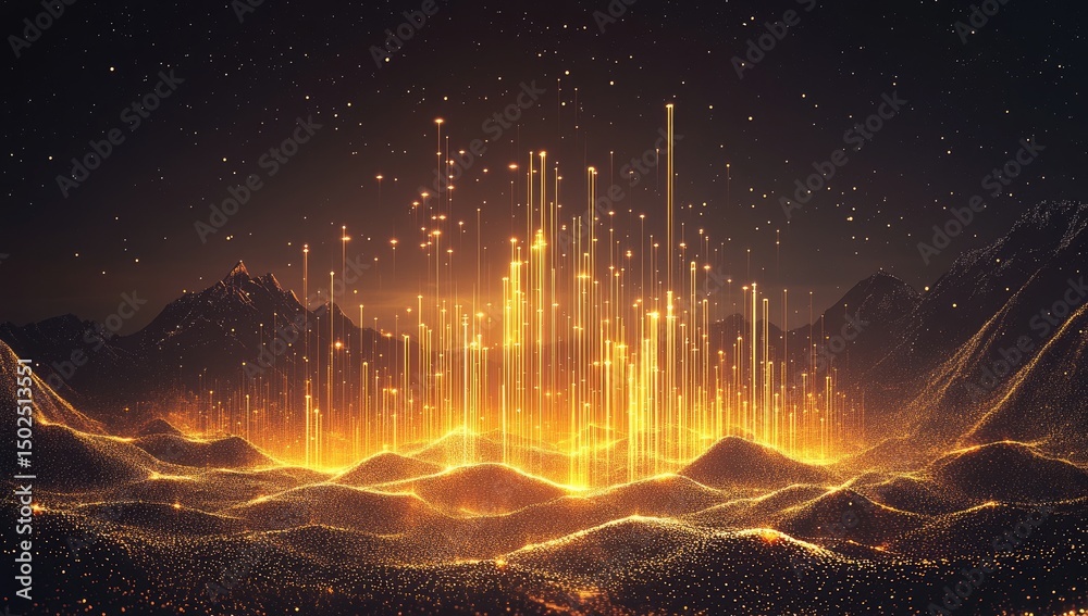 Fototapeta premium Golden city rising from a digital landscape at night