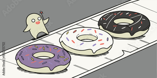 Cute cartoon character with magic wand and three colorful donuts illustration