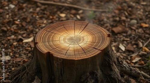 Freshly Cut Tree Trunk with Clean Chainsaw Marks in Forest