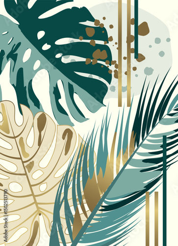 Luxurious Botanical Poster with Gold and Green Monstera, Palm, and Exotic Foliage. Modern Nature-Inspired Digital Print for Interior Decor. Tropical Leaves Wall Art.