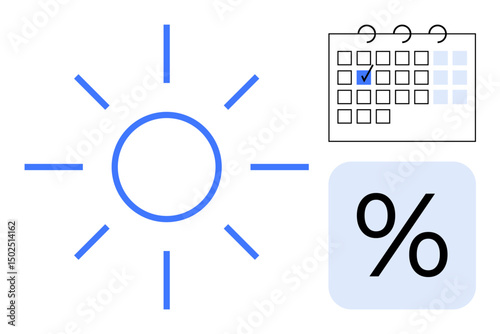 Radiant sun, calendar with checkmark, bold percentage. Ideal for scheduling, discounts, planning, sales, promotions time management productivity. Flat simple metaphor