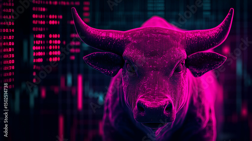 futuristic bull with purple glow over financial charts background