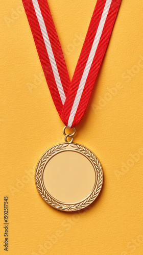 Gold medal with red and white ribbon yellow background