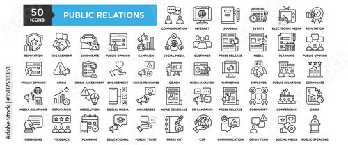 50 Public Relations icon set. Containing design business, public relations, management, corporate	