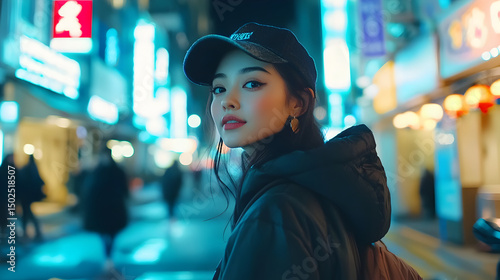 321. Stylish young woman walking in Tokyo street at night, neon lights, cinematic fashion look, bokeh background