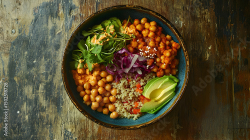 324. Top-down photo of a colorful vegan Buddha bowl with avocado, chickpeas, quinoa, rustic table background, natural lighting