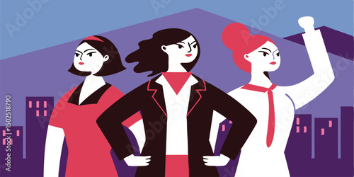 Empowered women standing together illustrated over cityscape symbolizing strength and equality