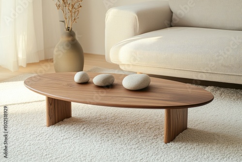 Light-filled living room with oval wooden coffee table and decorative stones