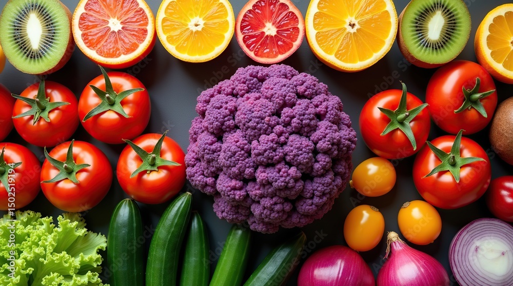 Vibrant Fresh Produce Display on Dark Background Vibrant Fresh Produce Display on Dark Background
