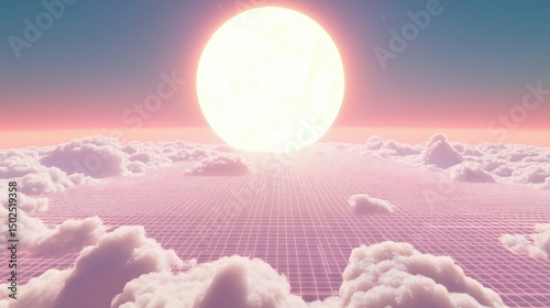 Pastel sunset over a gridded cloudscape with a large, bright sun