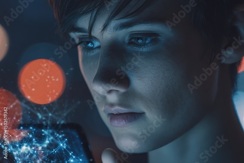 Candid moment of a user interacting with a virtual assistant on a smartphone at home, illustrating modern technology, AI integration, and ambient lighting for lifestyle use photo