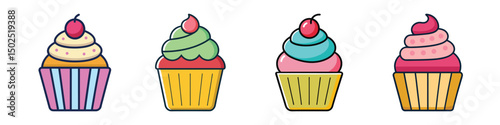 Colorful Cupcake Flat Vector Set – Cute Dessert Illustration in Modern Style