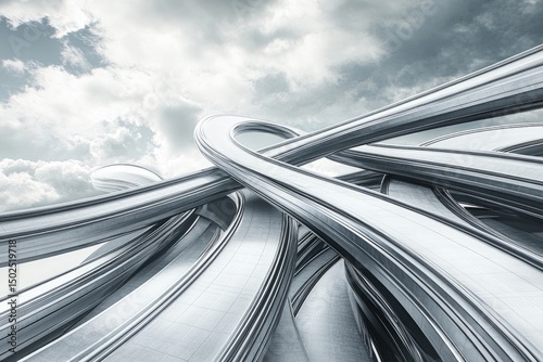 Abstract architectural scene of swirling, metallic pathways against a cloudy sky