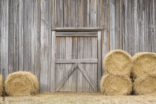 Rustic Barn Backdrop. Wooden Farm Architecture with Hay, Door, and Weathered Wall Details