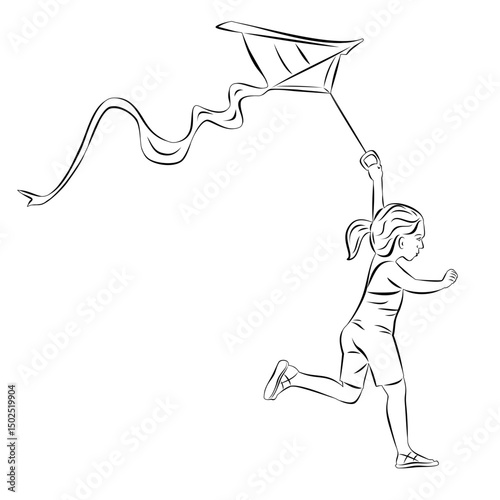isolated illustration of child flying a kite. black and white vector drawing. white background