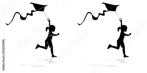 isolated illustration of child flying a kite. black and white vector drawing. white background