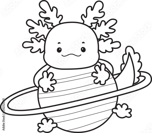 Outline of Illustration of cute axolotl activities icon.
Lineart of Funny pink axolotl in daily routine stickers.
