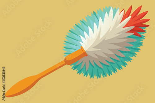 Colorful feather duster for cleaning isolated on yellow background