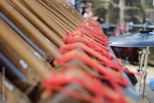 Close-up View of Angklung Musical Instruments Prepared for a Performance, Traditional Bamboo Musical Instrument from Indonesia
